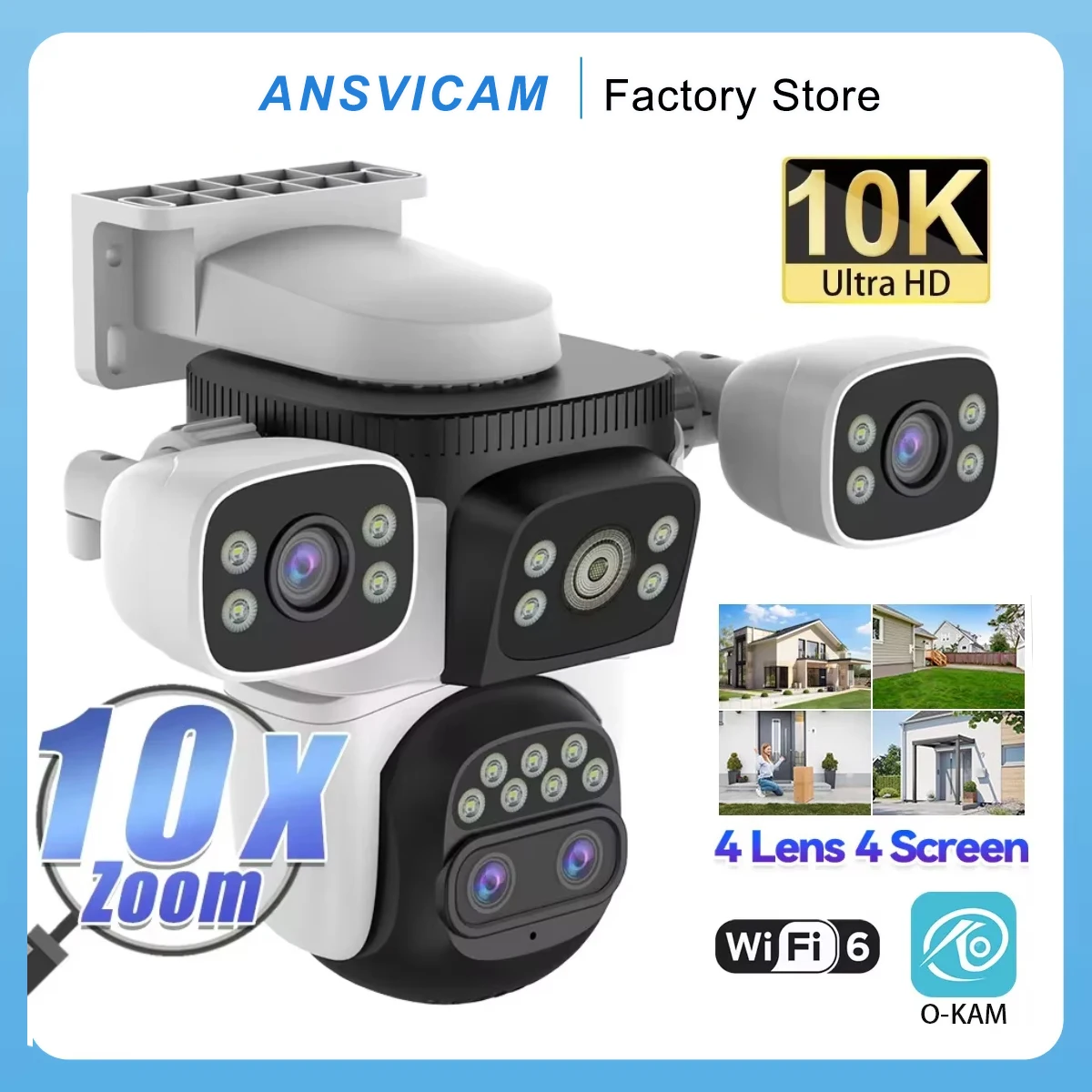 ANSVICAM 10K UHD WiFi6 20MP cámara de seguridad exterior con Zoom 10X cuatro pantallas cuatro lentes PTZ seguimiento automático impermeable para CCTV