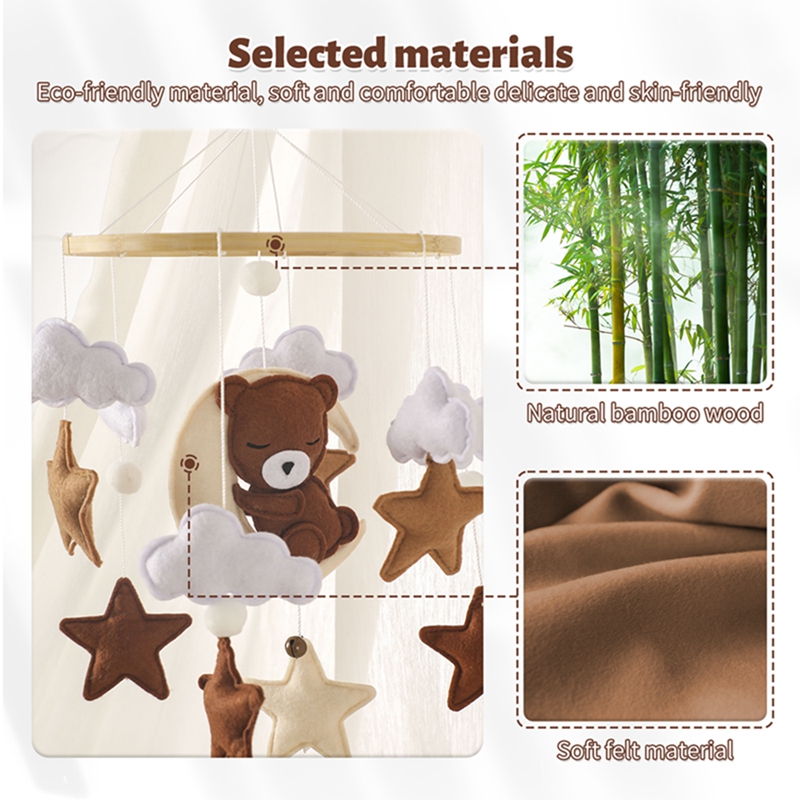 Sonajeros de madera para bebé, oso de dibujos animados de fieltro suave, estrella nublada, Luna, cama colgante, campana, cuna móvil, juguetes educativos Montessori
