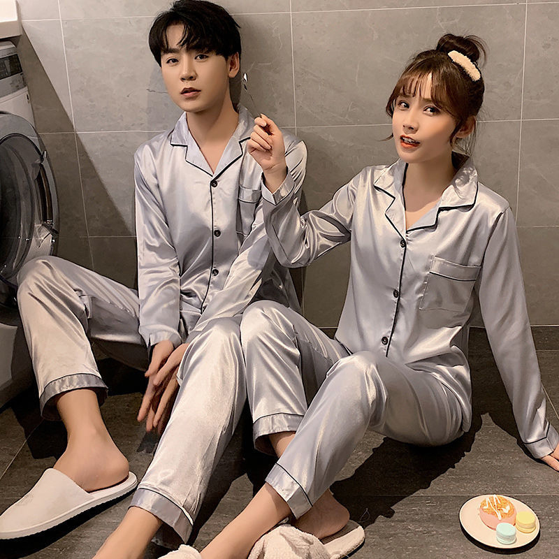Ropa de dormir para parejas, conjuntos de Pijama de satén de seda de Color sólido, Pijama largo con botones, ropa de hogar de talla grande, pijamas para mujeres y hombres, ropa de descanso