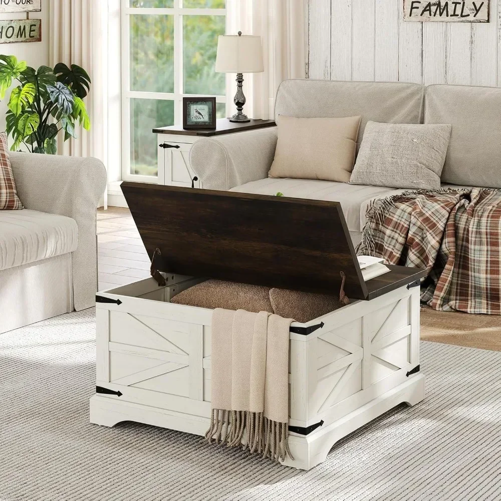 Mesa central quadrada de madeira com grande compartimento de armazenamento oculto, mesa moderna branca rústica de coquetel com tampo de elevação articulado