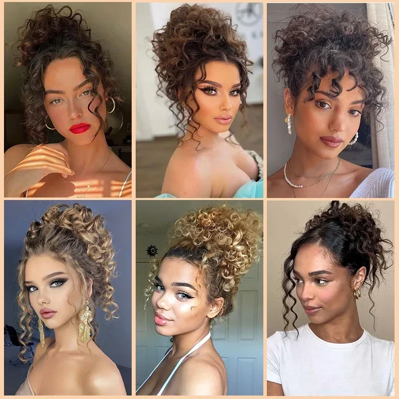 Moño de pelo rizado desordenado sintético para mujer, cola de caballo Updo ondulada corta y suelta, moño rizado rubio, extensiones de cabello resistentes al calor