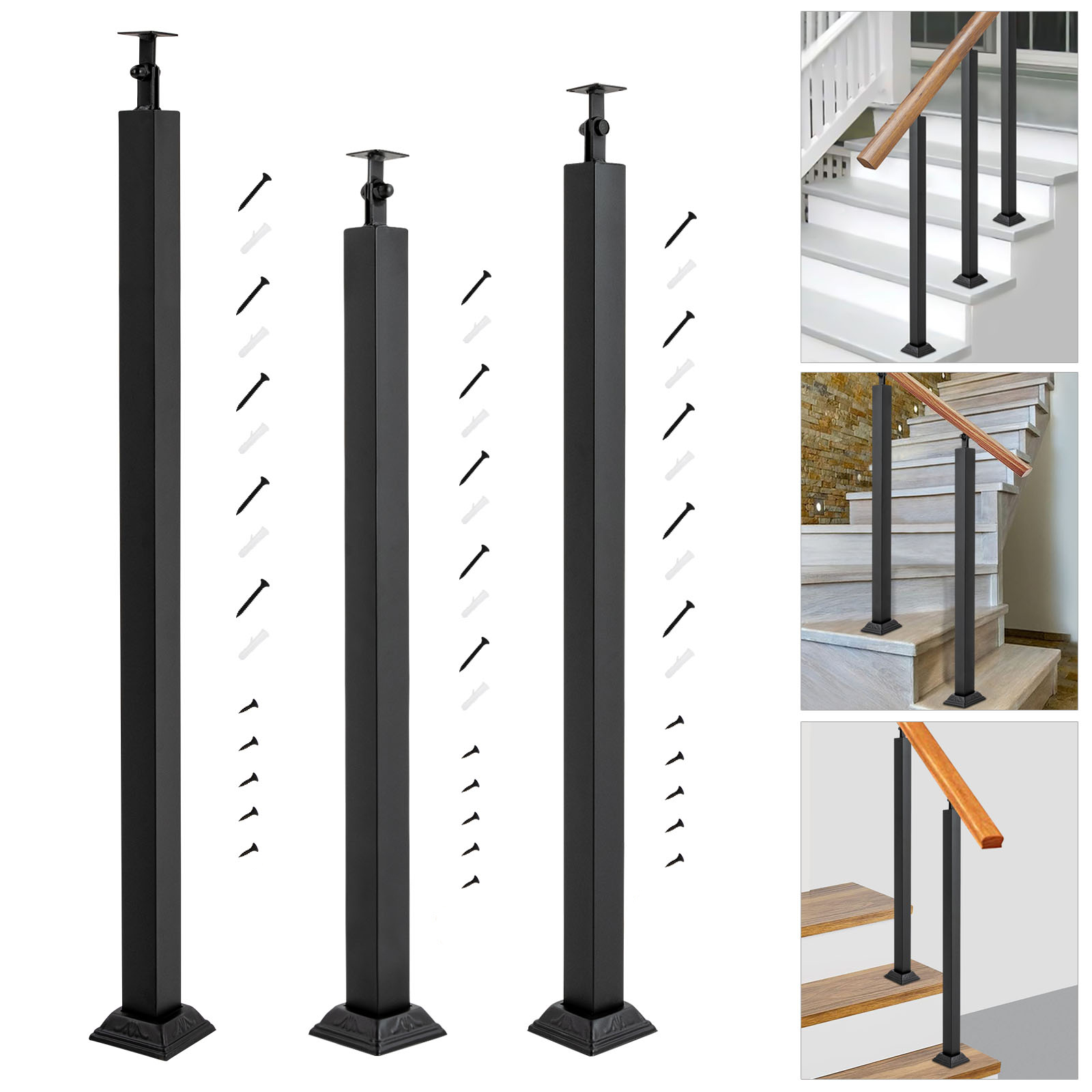 Stair Balusters Post, Black Square Metal Railing Spindles with Flat & Adjustable 270° Angle Bracket, Banister Column