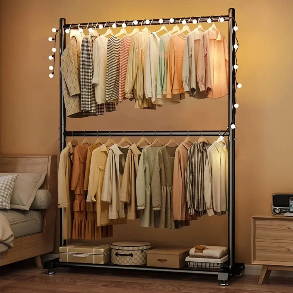 Simple Rolling Clothes Rack Floor Hanger Large Assembled Wardrobe Shoe Shelves Double Layers Coat Hanger Stand Home Furniture