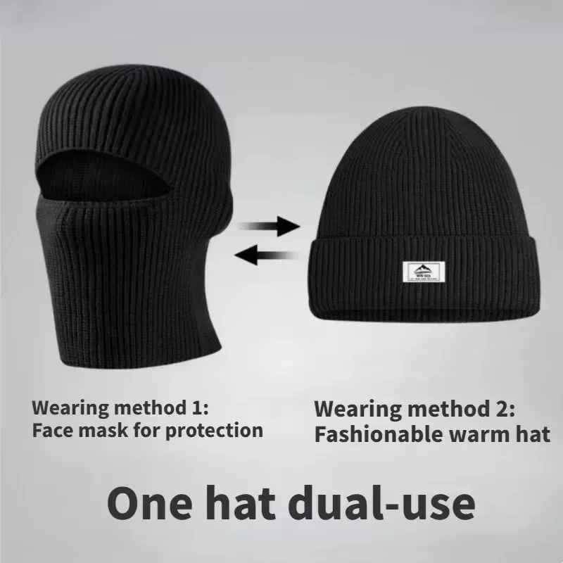 Gorro de punto de algodón grueso para invierno, gorro cálido para ciclismo al aire libre, máscara 2 en 1, gorro de protección facial completo, orejeras, pasamontañas