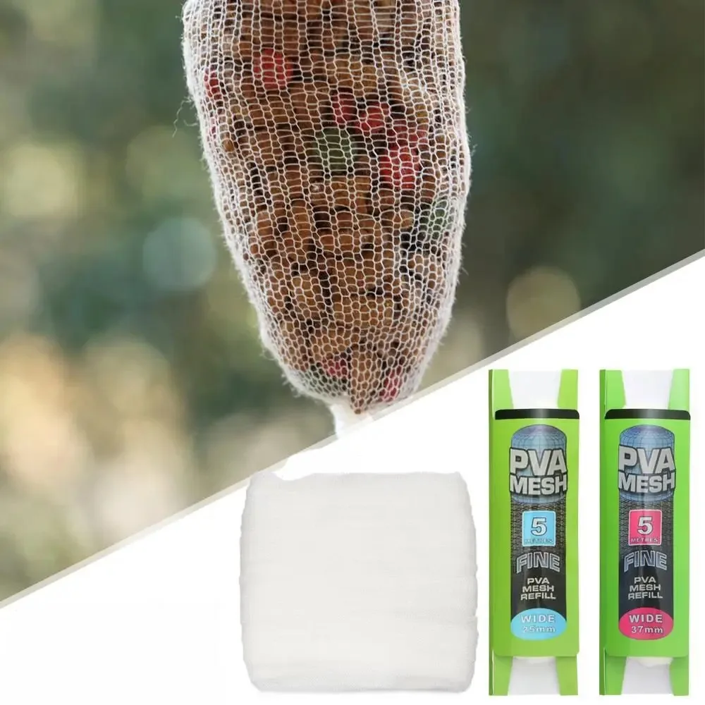 Bolsa de malla PVA Soluble, 5M, recarga de alimentador de carpa, Señuelos de Pesca, aparejo de repuesto, gancho, bolsas para envolver cebo, 25mm, 37mm, accesorios de pesca