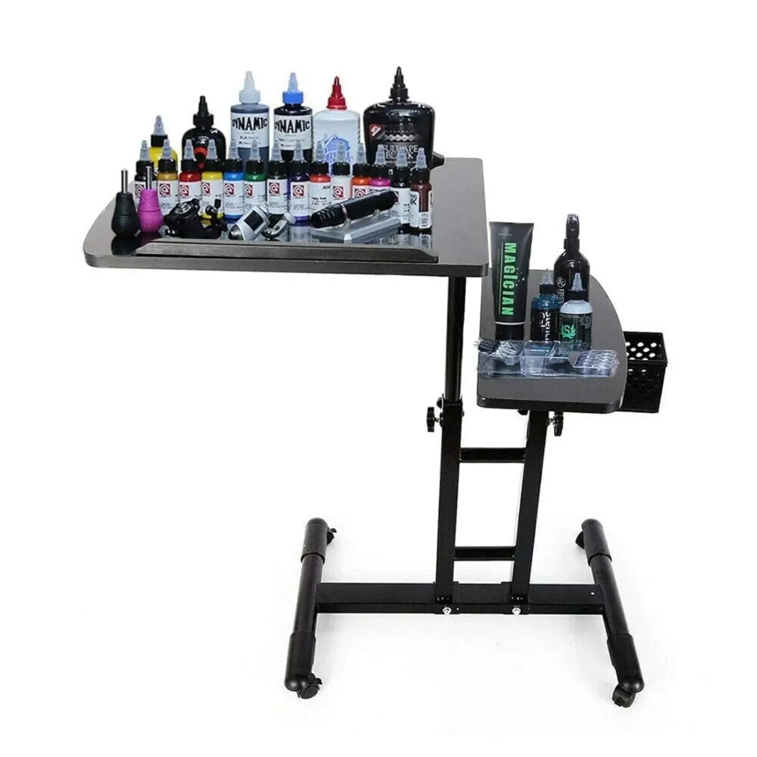 Tattoo-Tablett auf Rädern, tragbare mobile Tattoo-Workstation mit Rädern, 57,5–90 cm höhenverstellbarer schwarzer Salonwagen