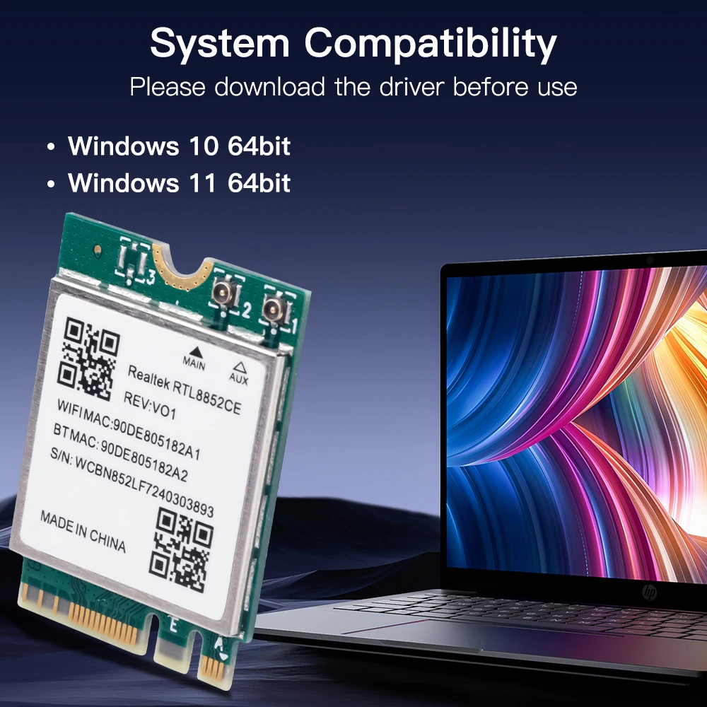 Сетевая карта Wi-Fi 6E RTL8852CE M.2 5400 Мбит/с 802.11AX Bluetooth 5.3, беспроводной адаптер, трехдиапазонный 2,4/5/6 ГГц для Windows 10/11
