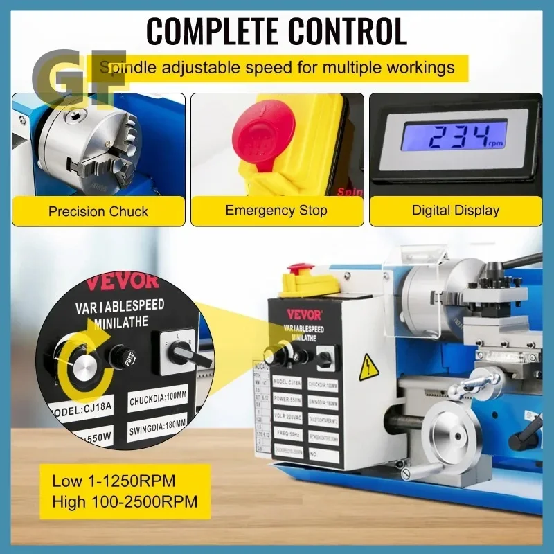 미니 금속 선반 기계 7"x14" 벤치탑 디지털 디스플레이 550W 가변 속도, 금속 터닝 스레딩용 3조 척 포함