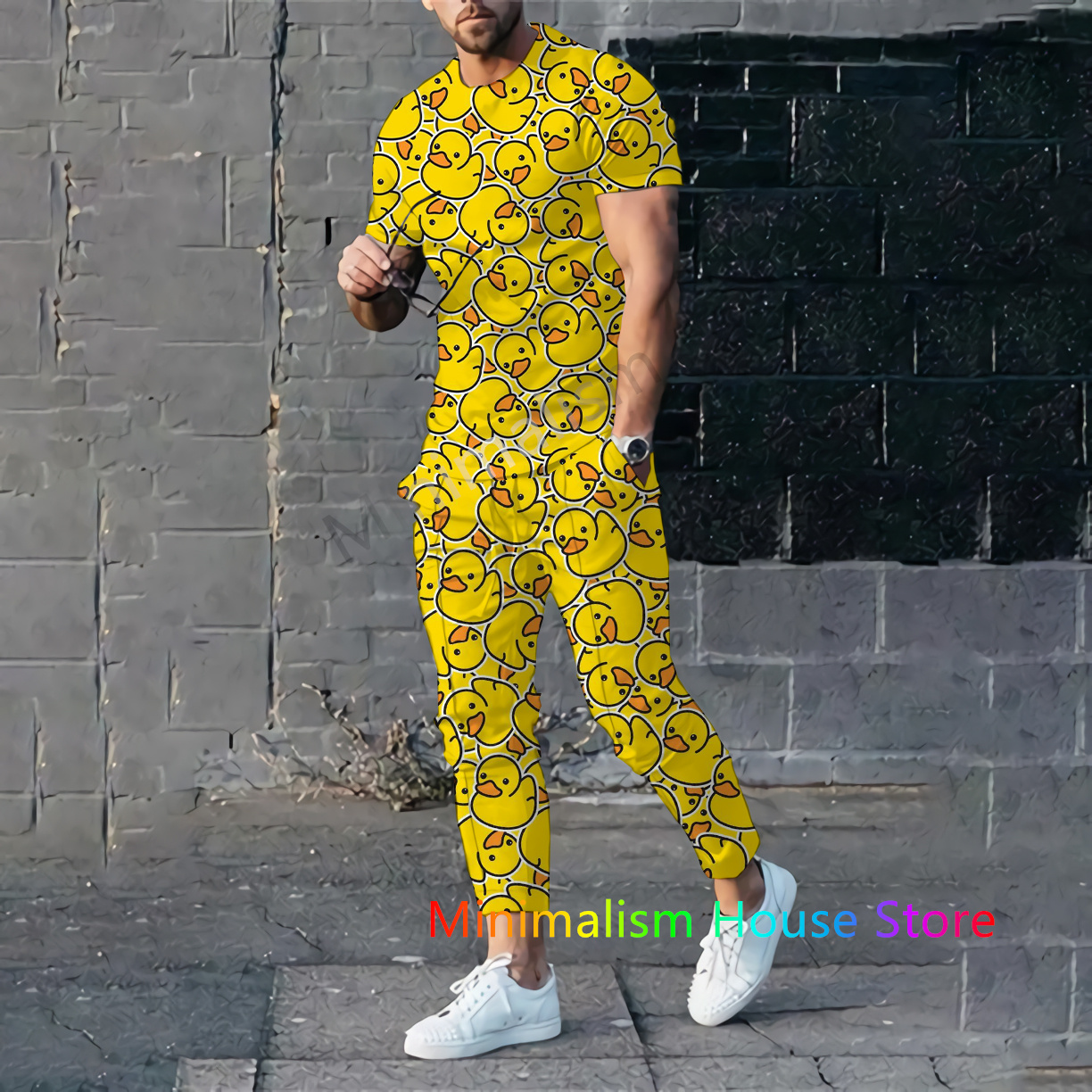 2-teiliges Set Outfits Sommer-Trainingsanzug für Herren, Hosen, gelbe Ente, kurzärmeliges T-Shirt + lange Hosen, Freizeitanzug, männliche Kleidung