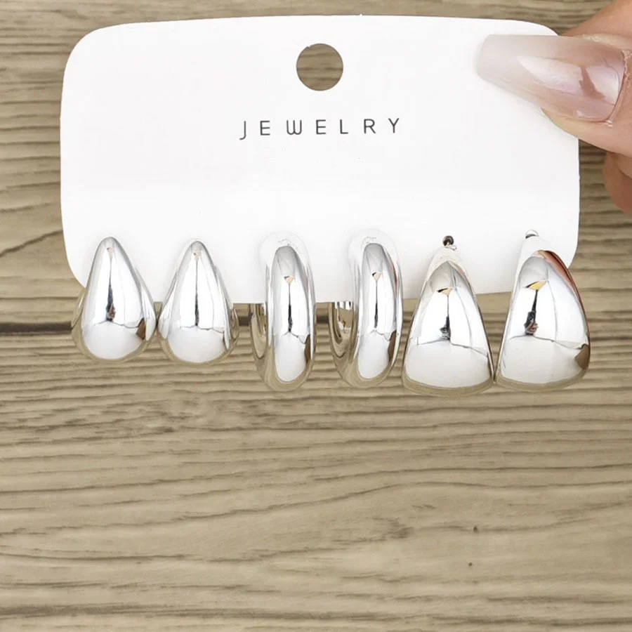 청키 골드 도금 물방울 후프 귀걸이 세트, 유럽 및 미국 미니멀리스트, 부드러운 원형 드롭 귀걸이 쥬얼리, 6 개