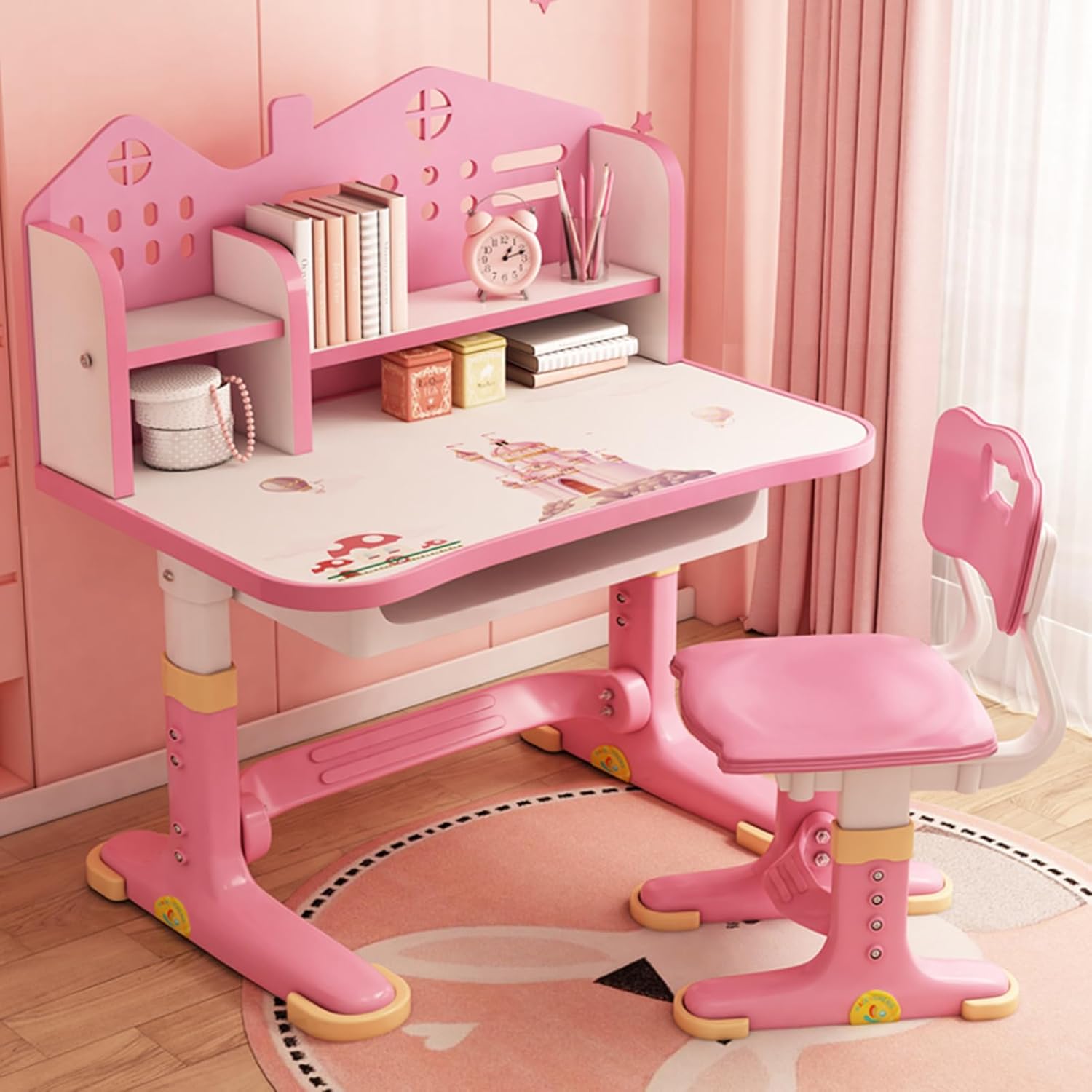Chair Set w/Storage,Drawers,Bookshelf,Child Toddler Writing Homework Table,Little Girl Work Computer Desk,Princess Preschool Des