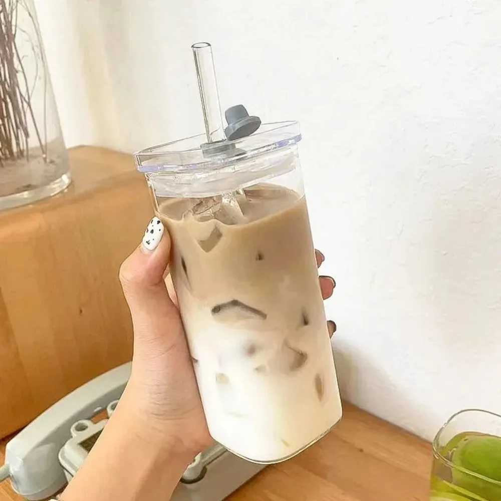 1 pçs quadrado resistente ao calor xícara de vidro café com tampa e palha transparente leite chá suco copos caneca café para casa barra drinkware