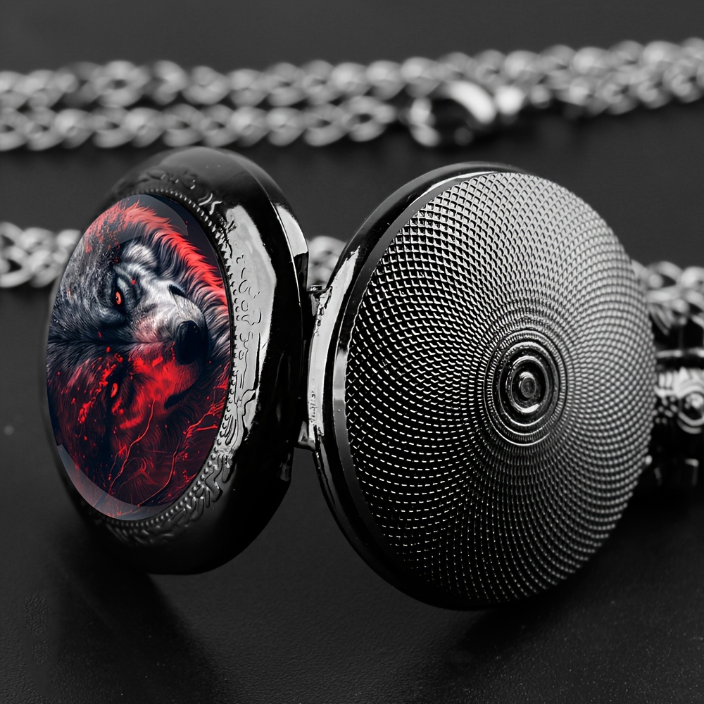 Unique Wolf Animal Pattern Quartz Pocket Watch with Black Necklace Pendant World-Time Feature, Analog Display For Women Men Kids