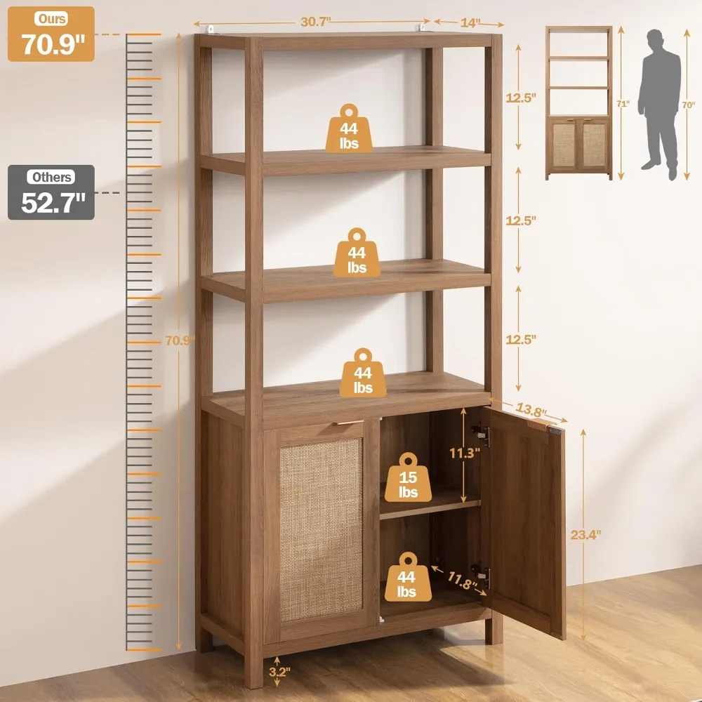 Bookshelf 5 Tier Book Shelf Rattan Boho 71" Tall Bookcase with Doors Storage Shelves Large Bookshelves Farmhouse Bookcases