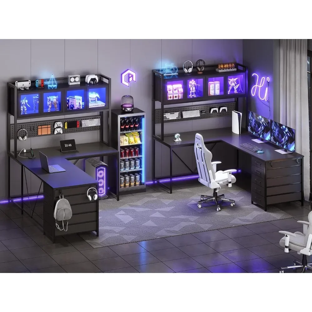 L Shaped Gaming Desk with Drawers, L Shaped Computer Desk with Hutch and Storage Shelves, Gaming Desk with Pegboard, Led