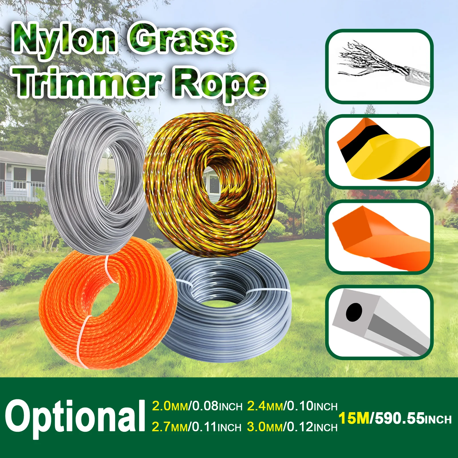 15m*2.7/3/4mm Grass Trimmer Line Nylon Wire Spiral For Grass Garden Weeding MachineCutting Rope Irrigation Machine Brushcutter