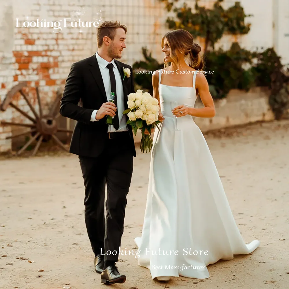 Abito da sposa classico lungo bianco A-Line Colletto quadrato Cinghie per spaghetti Piega formale Vintage Backless Alto limo Crescido Personalizzato
