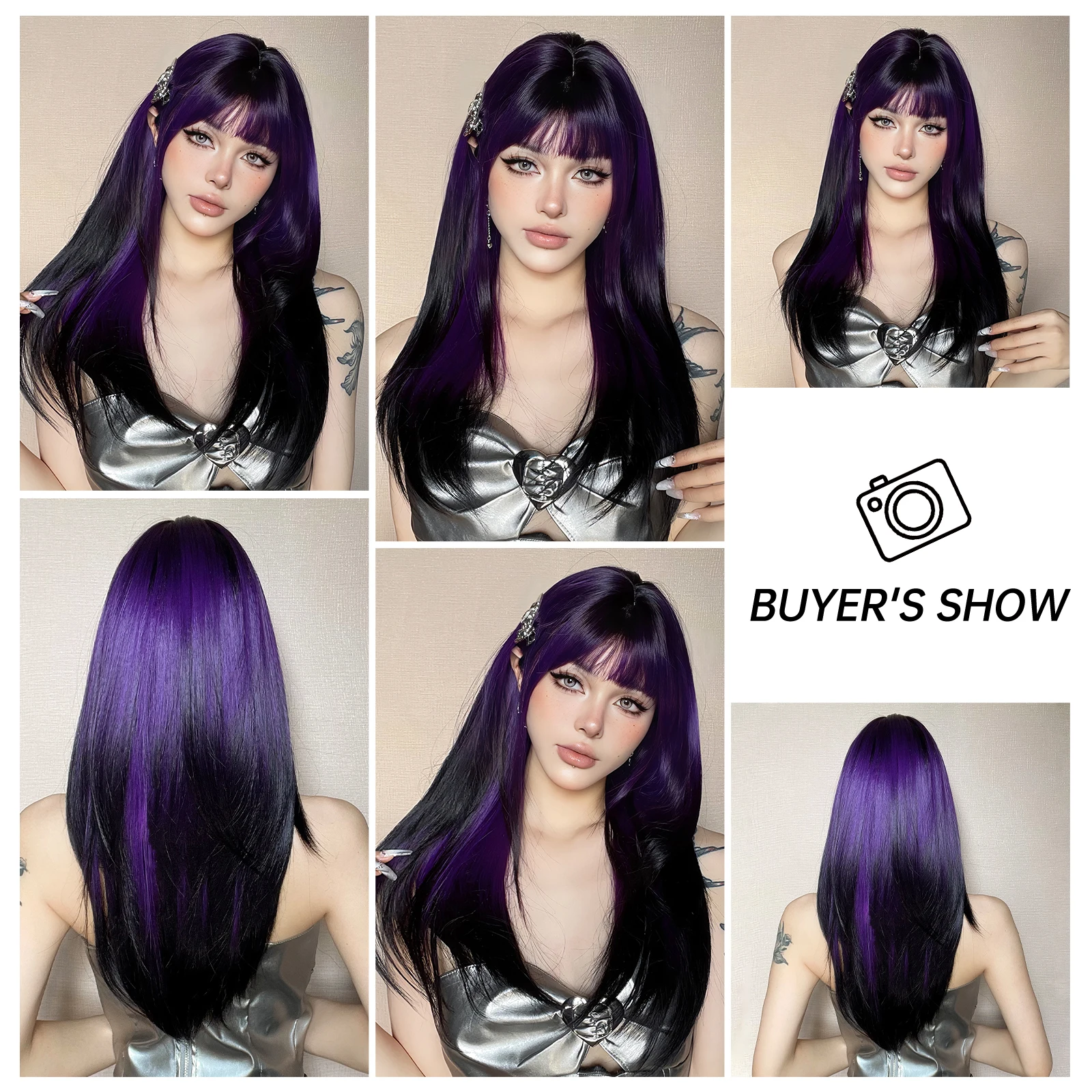 Peluca sintética larga y recta para mujer, color negro y morado, con flequillo, color morado, ombré, en capas, para fiesta, cabello Natural resistente al calor