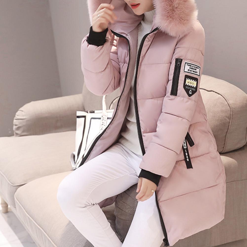 Comprimento médio das mulheres Casaco com capuz, Windproof, Algodão, Zíper, Bolsos, Espessado, Acolchoado, Quente, Inverno