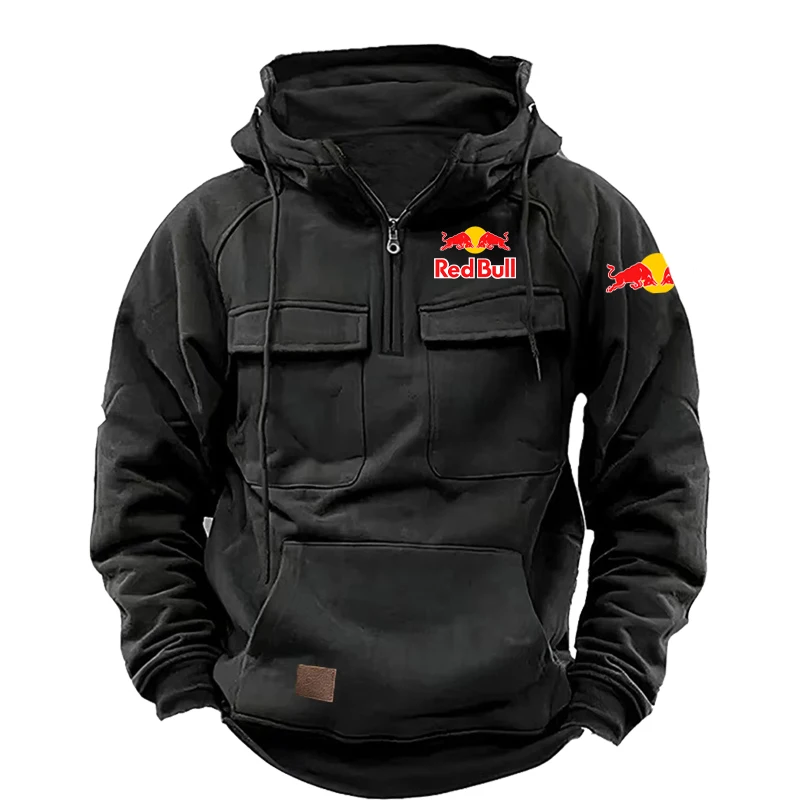 Red Bull Retro Tough Guy Sudadera con capucha pesada para hombre con capucha y cremallera forro polar grueso suelto jersey de motocicleta para hombre ropa