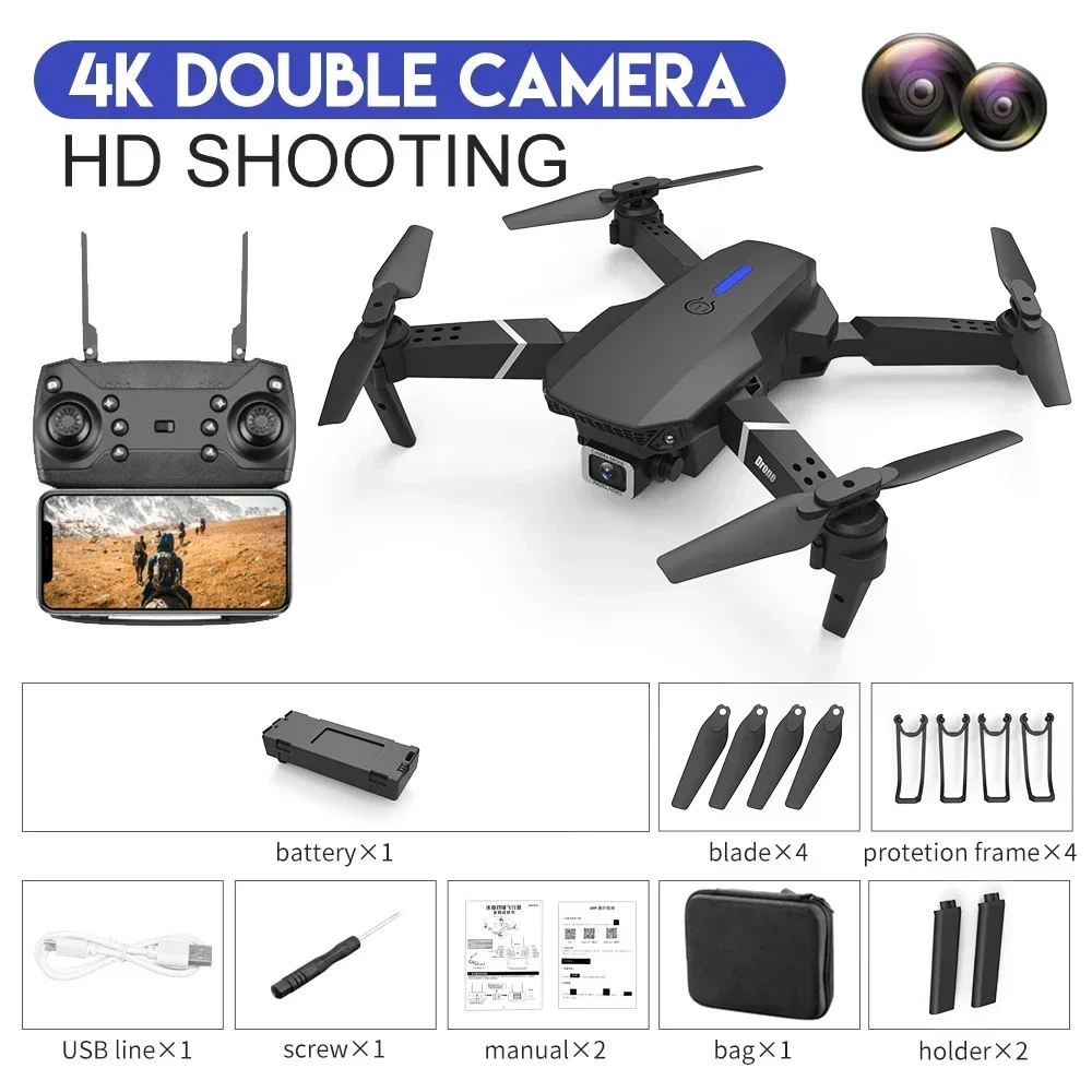 Nuovo drone E88 Pro FPV con fotocamera HD 4K 1080P, WIFI, altezza di tenuta, regalo giocattolo pieghevole per elicottero quadricottero RC