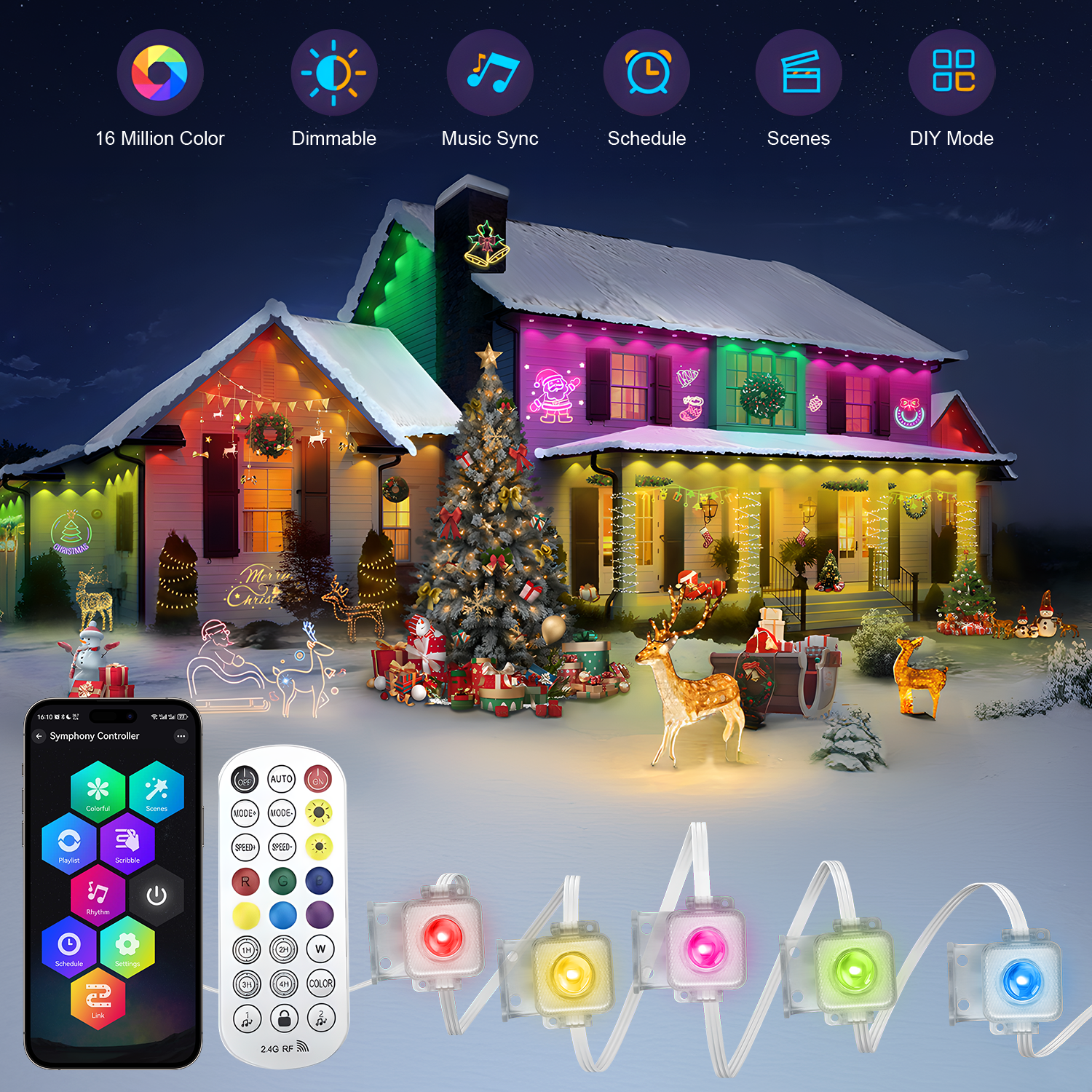 45M Permanent Outdoor Lights RGBIC Eaves LED Lights with Smart App/Remote Control Full House Flashing Lighting Christmas Decor