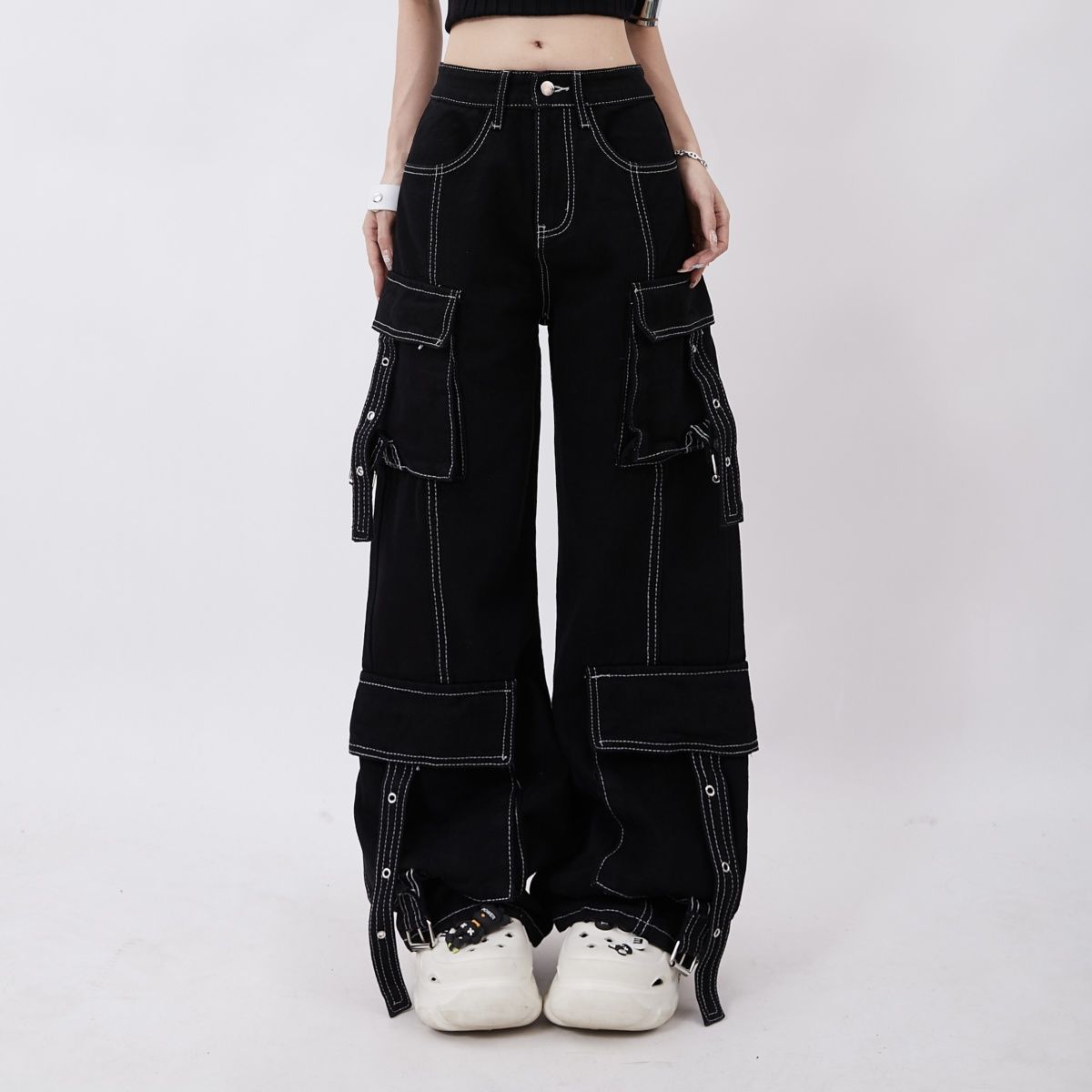 อเมริกัน Retro Dopamine สวมใส่ผู้หญิงหลายกระเป๋ากางเกง Cargo Line ตกแต่งขาตรงหลวมกางเกงยีนส์ขากว้าง