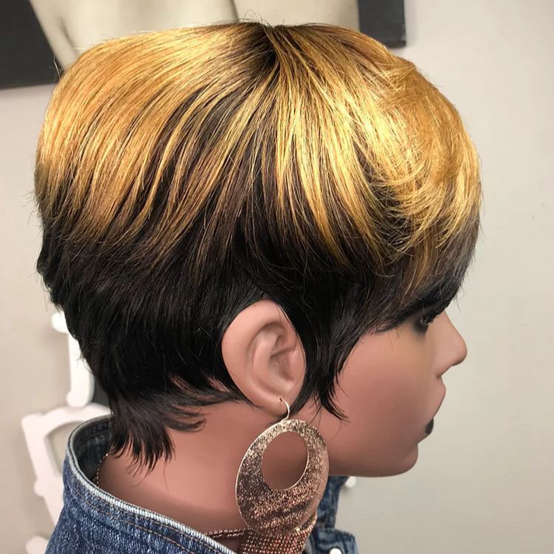 Pelucas de cabello humano con flequillo para mujeres negras, corte Pixie corto y recto, estilo Bob, hecho a máquina, Ombre, negro, marrón, 1B/30 #