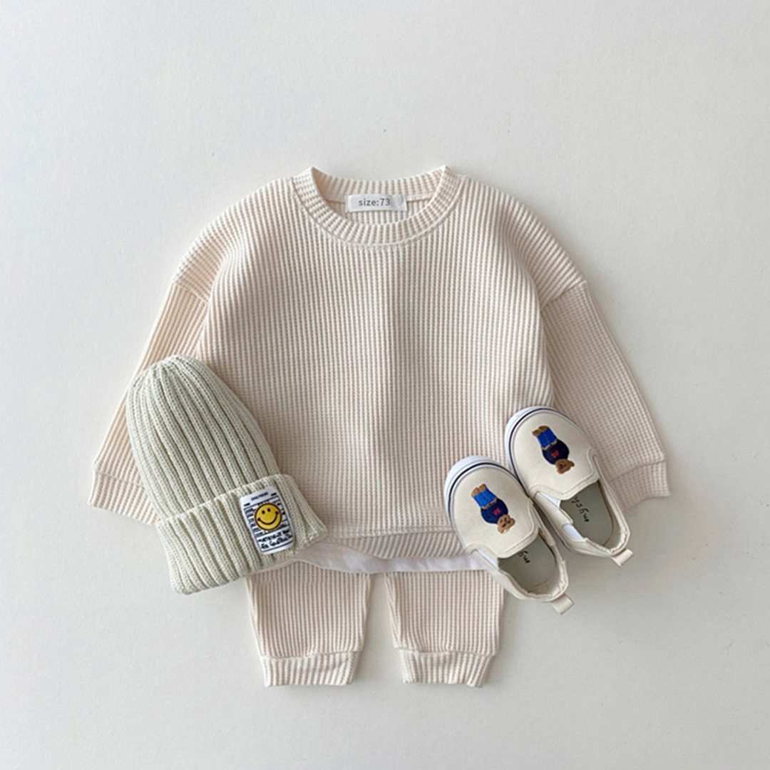 2023 Corea Del Bambino Del Bambino Set di Abbigliamento Per Neonati maschi Vestiti Set Mock in Due Pezzi Waffle Felpa di Cotone + Pantaloni 2 Pezzi Vestito