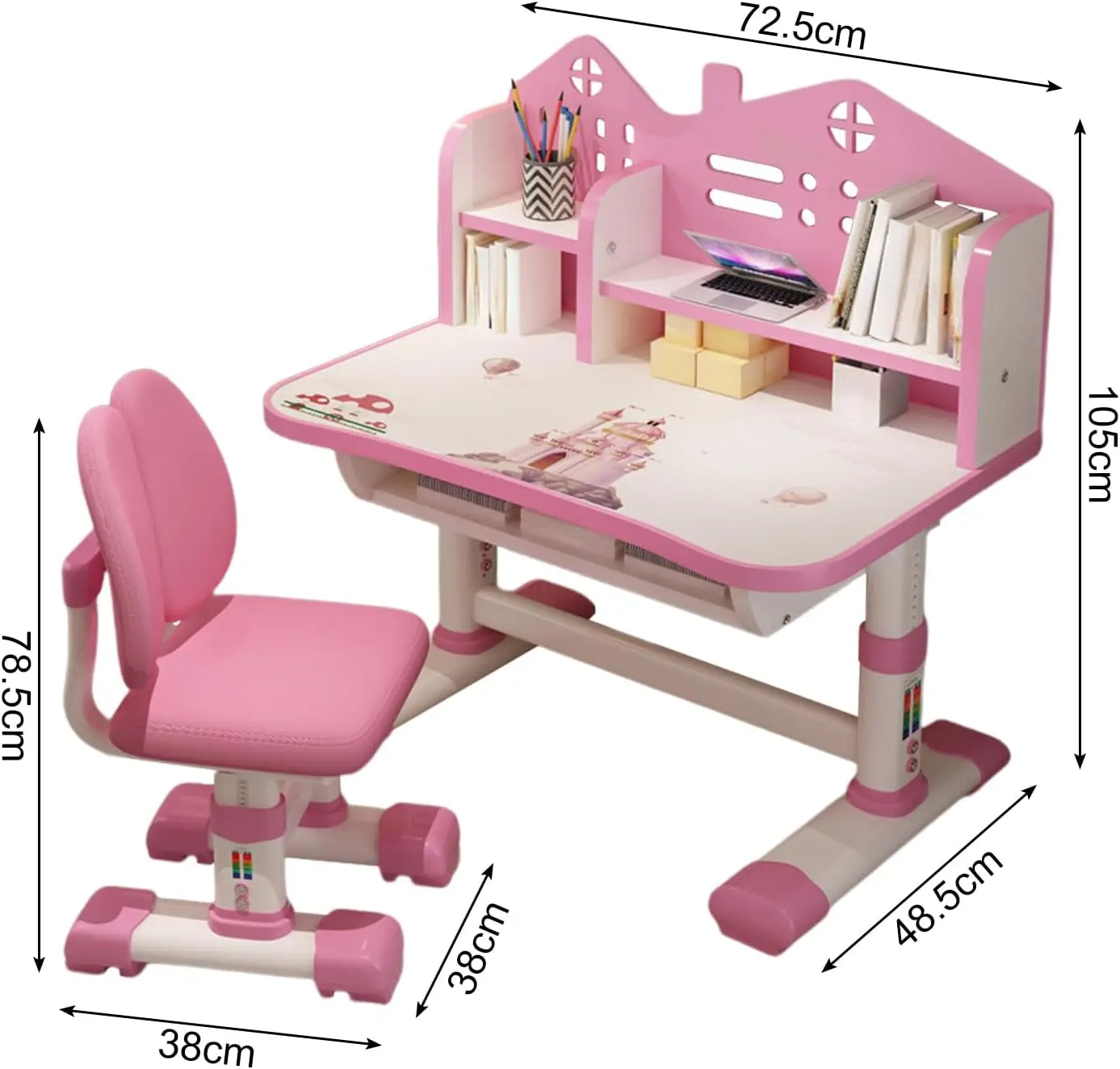 Standing Desk, Desk Chair Set, Widened Desktop Multi Separation Cartoon Pattern Desk Chair Set Kids Adjustable Height Study Tabl