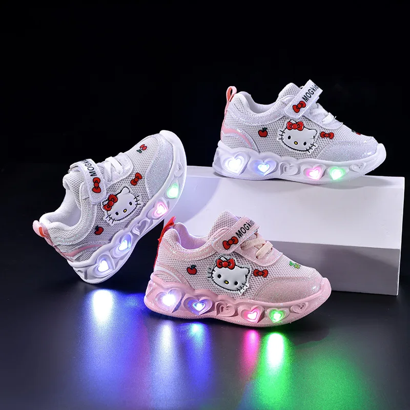 Sanrio led crianças sapatos para meninas bonito dos desenhos animados olá kitty sapatos de verão menina kawaii sapatos de fundo macio tênis casuais