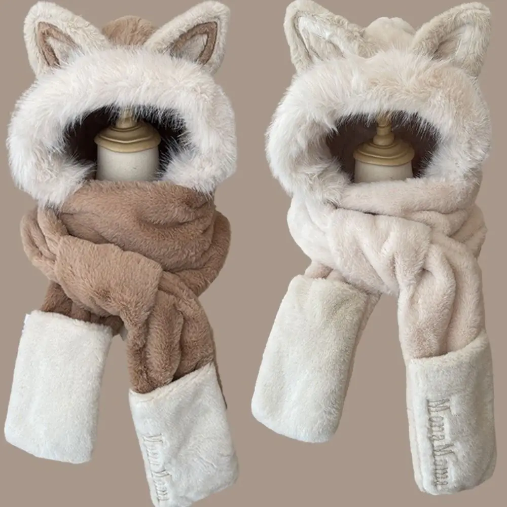 New Thickened Hat Scarf Gloves Set Plush Fox Ear Women Beanies Cap Windproof Keep Warm Ear Protection Cap Cycling