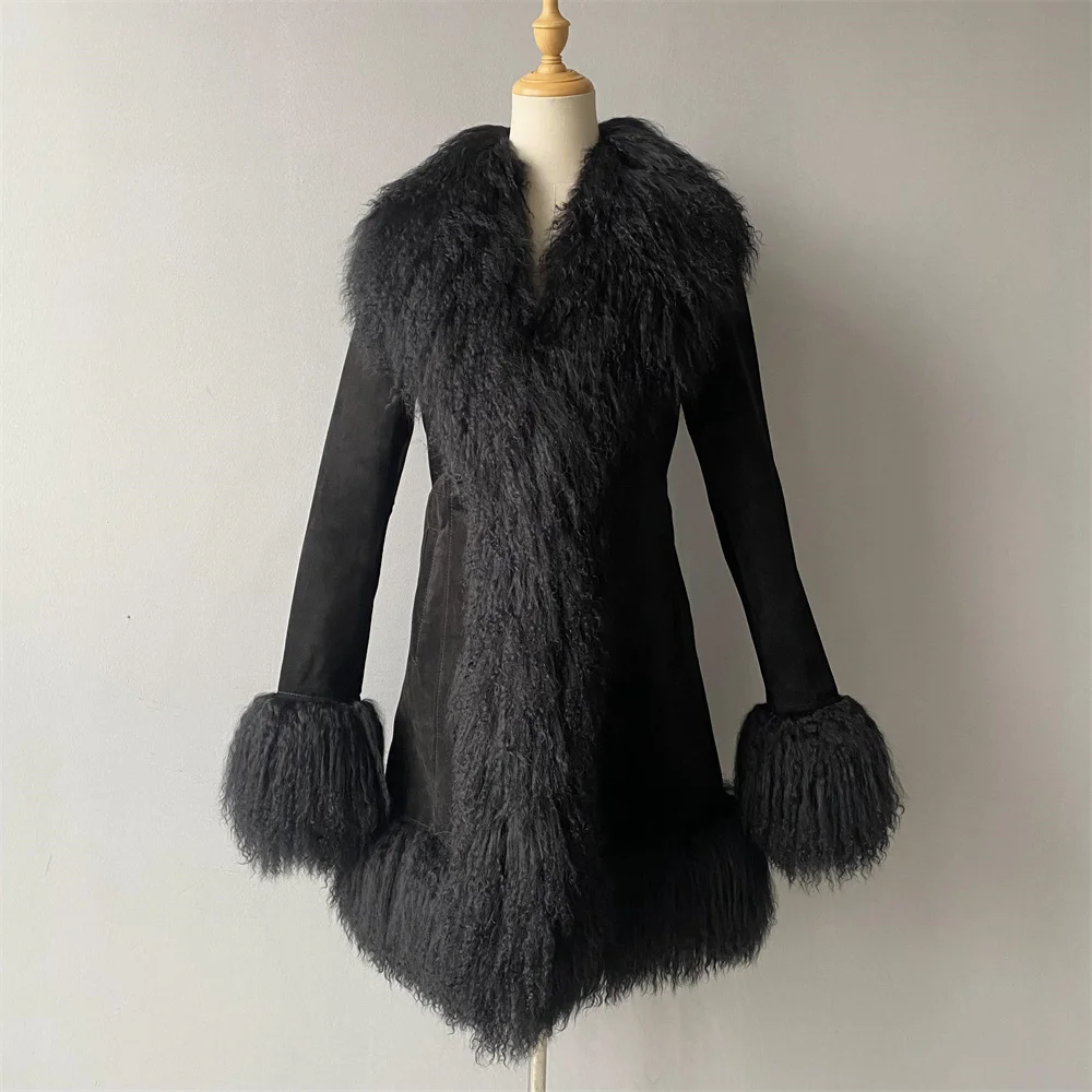 Jaxmonoy manteau en daim véritable avec fourrure de mouton mongole naturelle pour les femmes 2025 automne hiver veste en cuir chaud mode mince longs manteaux