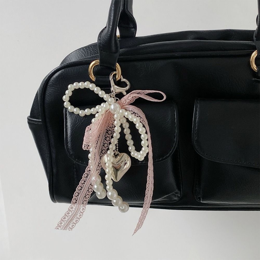 Lindo dulce perla arco llavero coreano Y2K corazón encaje colgante belleza chica bolso colgante accesorio