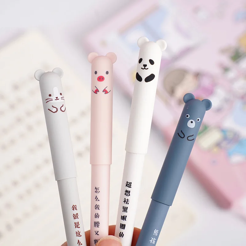4 個かわいいクマ豚消去可能なゲルペンセットかわいいペン新学期文具用品書き込みメモジャーナリングキッズギフト
