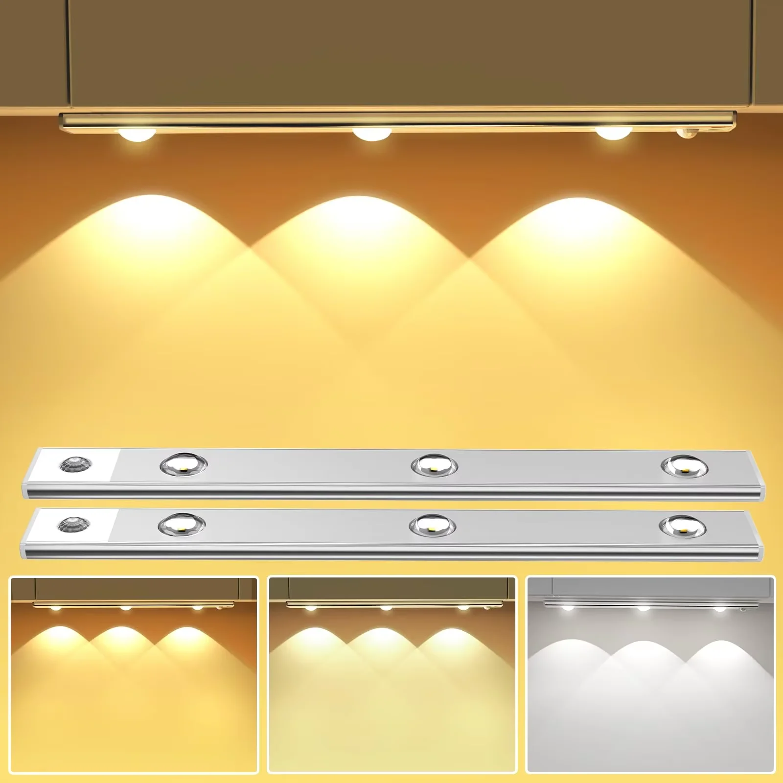 Sensor de movimento ultrafino sem fio, lâmpada led regulável para armário, recarregável por usb, 3 cores para cozinha, guarda-roupa, quarto, escadas