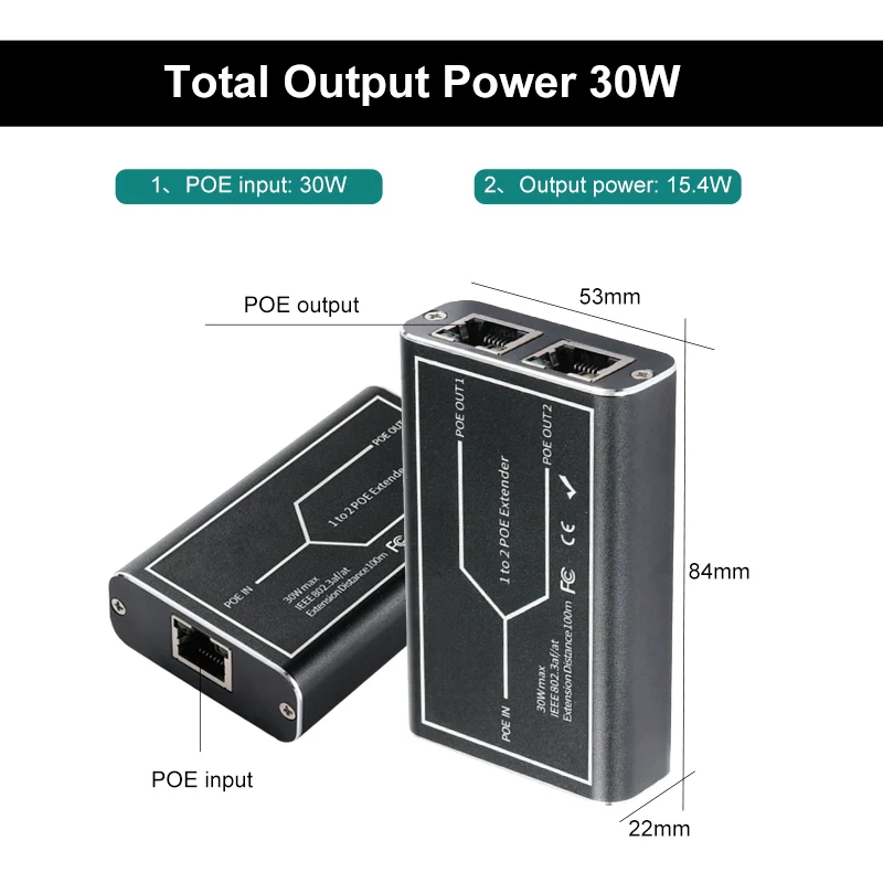 Herramientas extensoras POE de 1to2 puertos, función de protección contra rayos, estándar IEEE 802.3af/at de 48V para cámara IP NVR, extensión POE de 100 metros