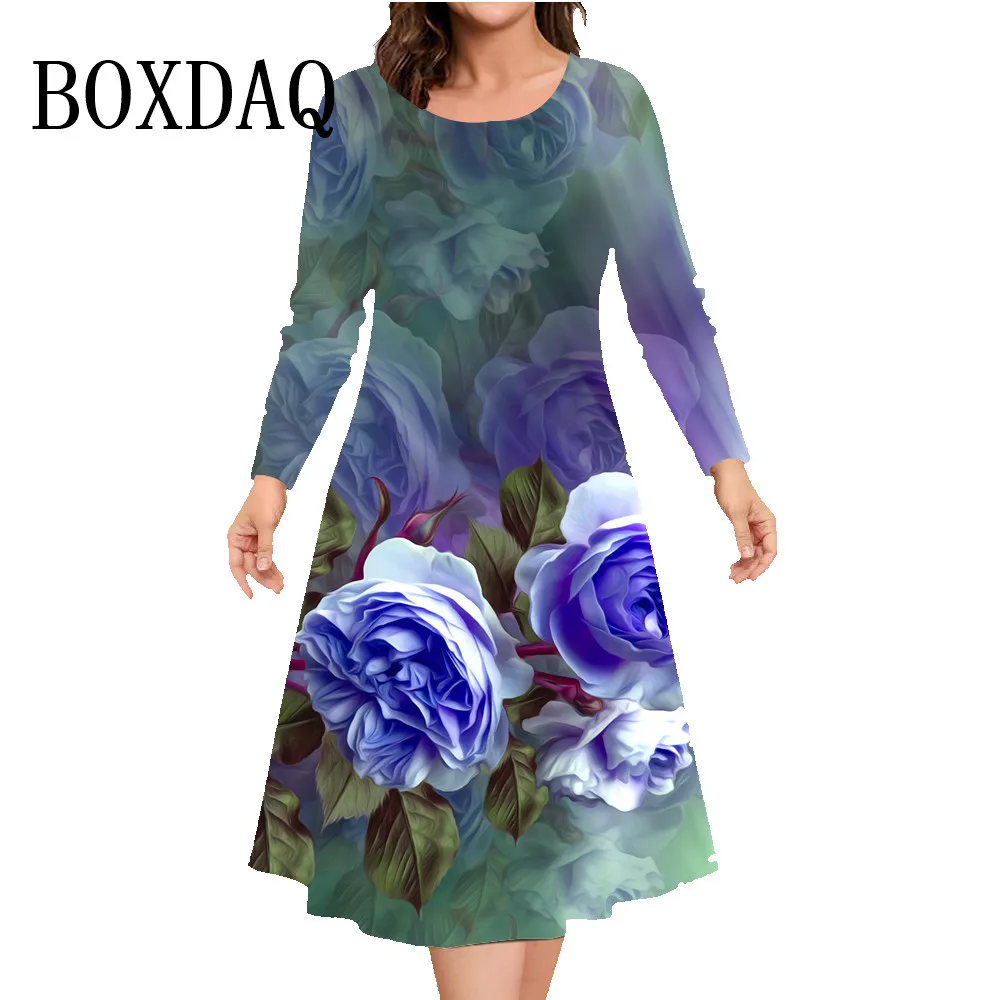 Blume O-Ausschnitt Kleid lässig lose Druck Kleider Frauen Mode Party A-Linie Kleid Herbst Winter Langarm plus Größe Kleidung 9xl