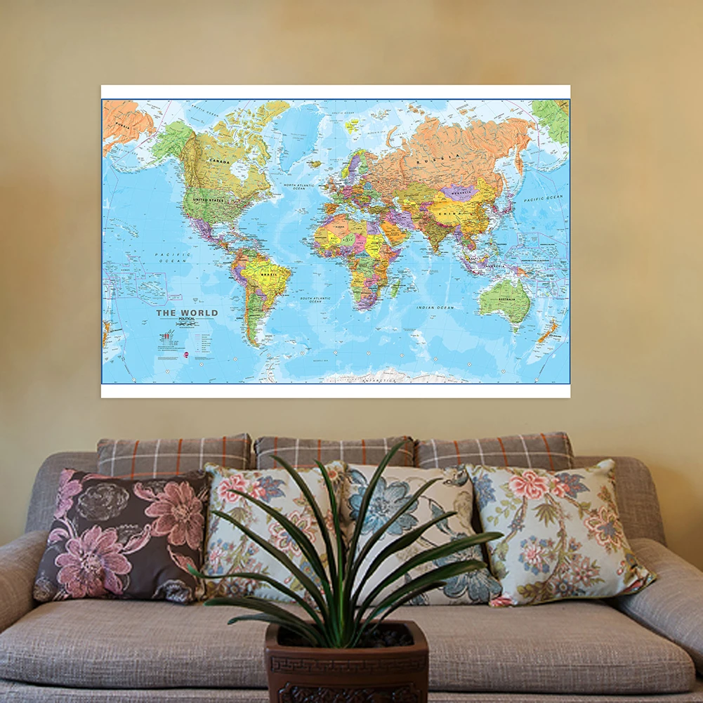 Mapa del mundo de 225x150cm, póster artístico de pared con globo grande, pintura en lienzo no tejido, decoración del hogar para sala de estar, suministros escolares para niños