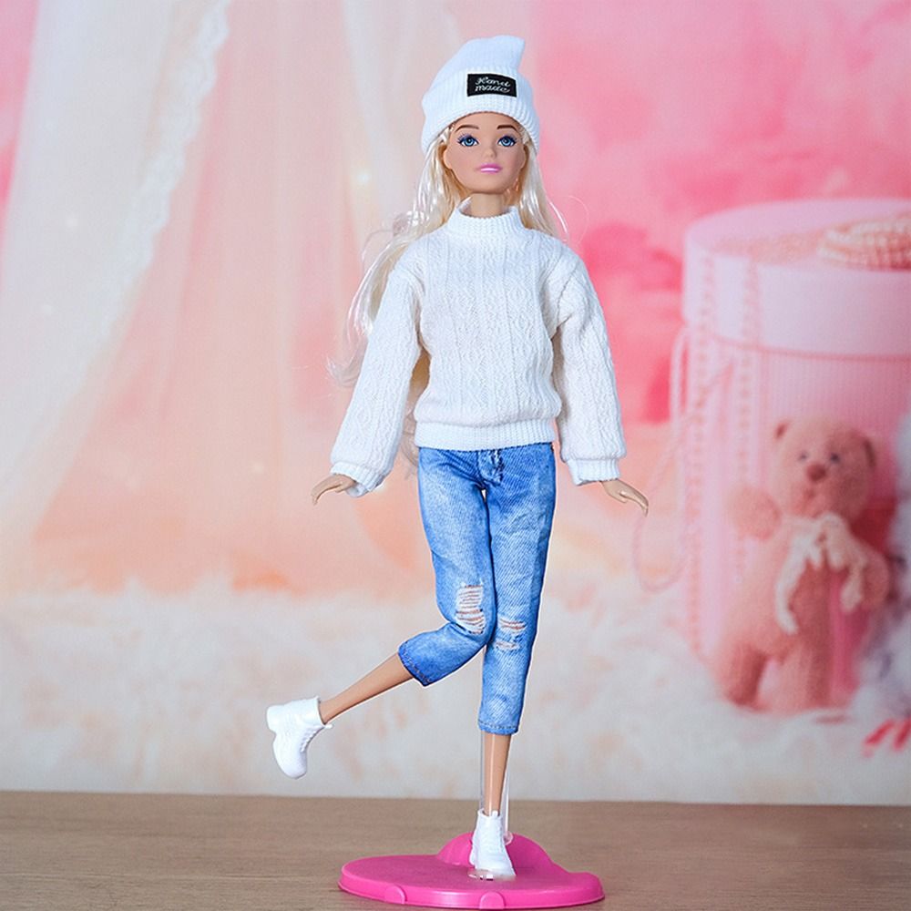30CM Puppe Kleidung Anzug Mode Tops Gestrickte Pullover Loch Jeans Hosen Miniatur Hut Beanie Für 1/6Bjd Kostüm mädchen Accessoires