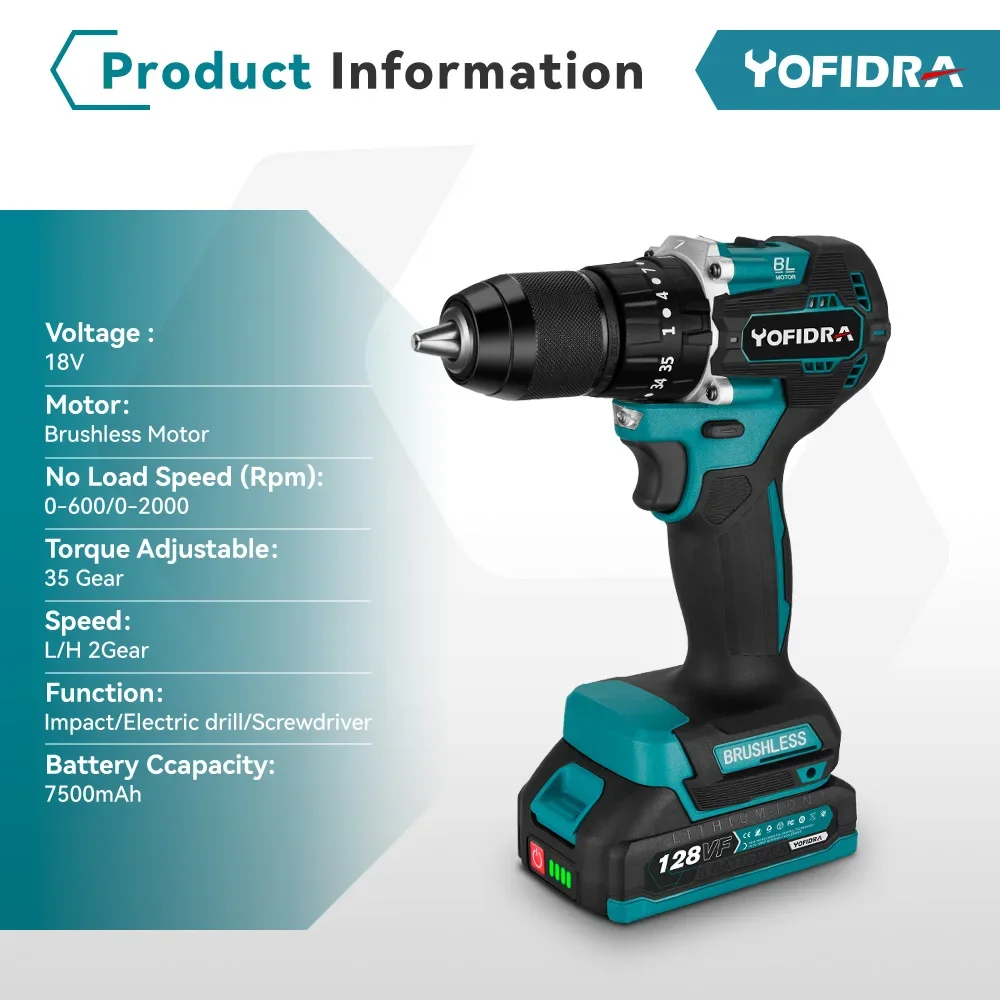 Yofidra 13MM 35 + 3 Drehmoment Bürstenlosen Elektrischen Schlagbohrmaschine Akkuschrauber DIY Power Tool Für Makita 18V batterie