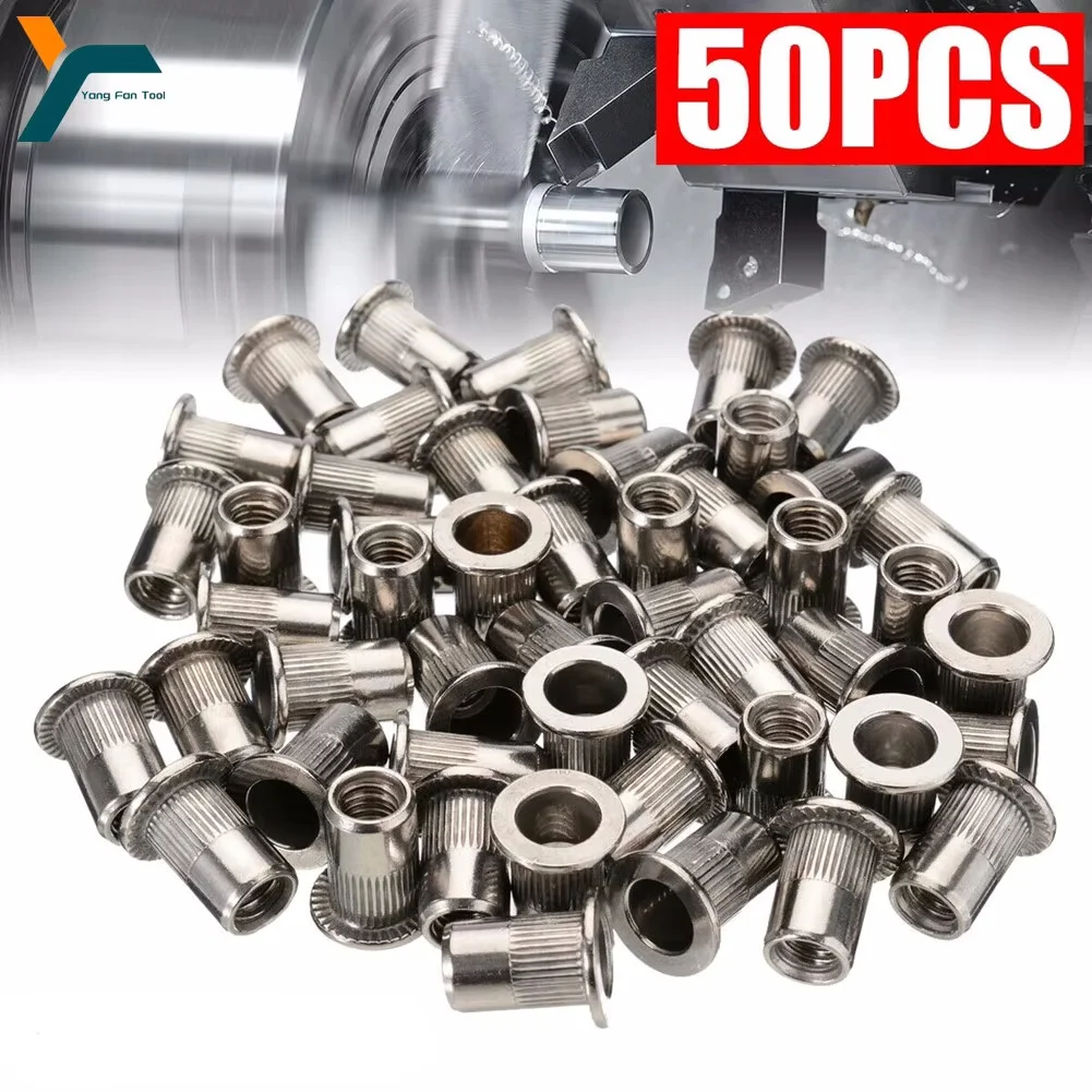 50 pçs porca rebite M3-M12 rosca 304 aço inoxidável cabeça plana porca rebite inserção porca mão rebite porca arma cabeça manual rebitador kit de ferramentas