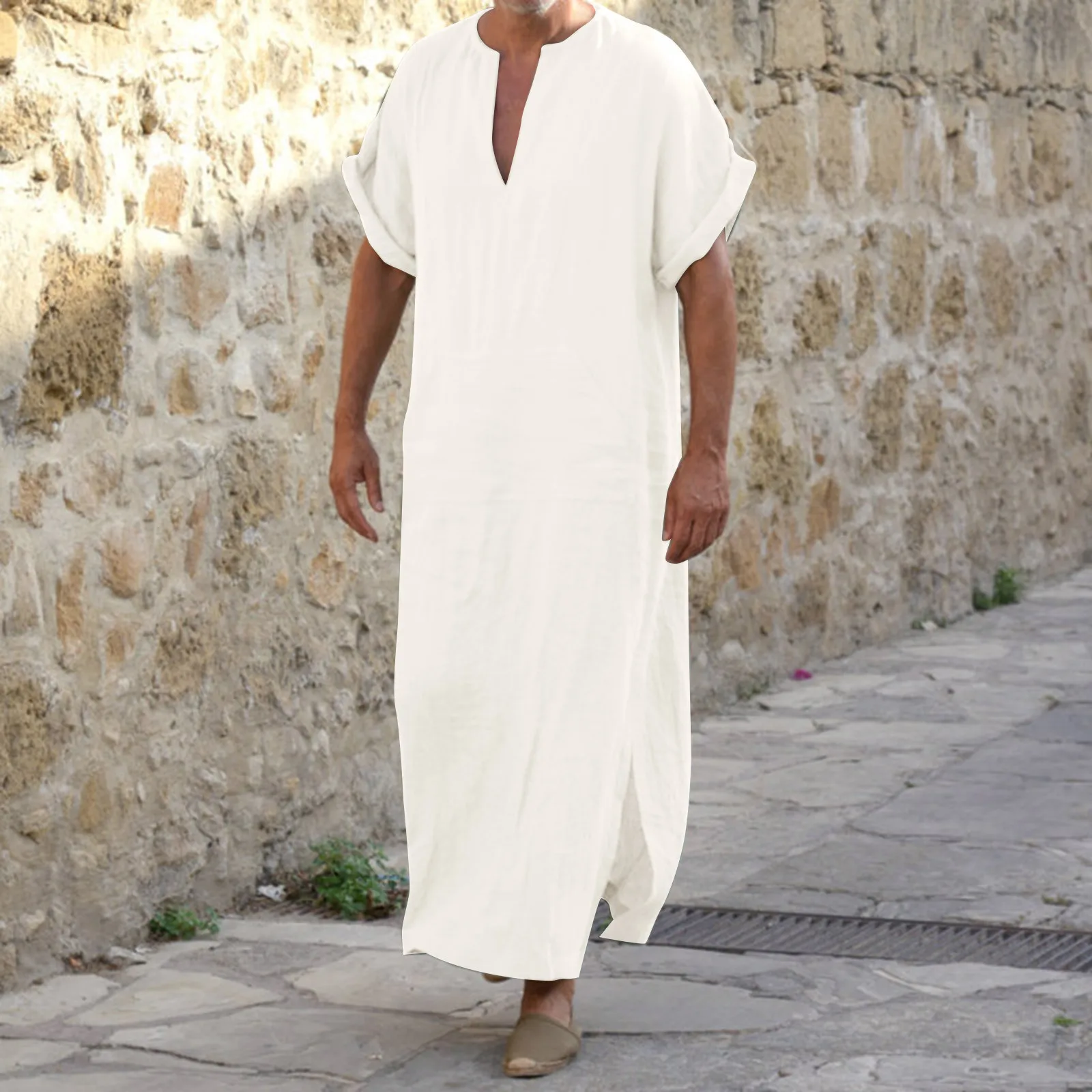 Robe muçulmano de algodão casual com decote em v masculino, roupas soltas, jaqueta de manga curta, camisa cor sólida, nova chegada, 2024