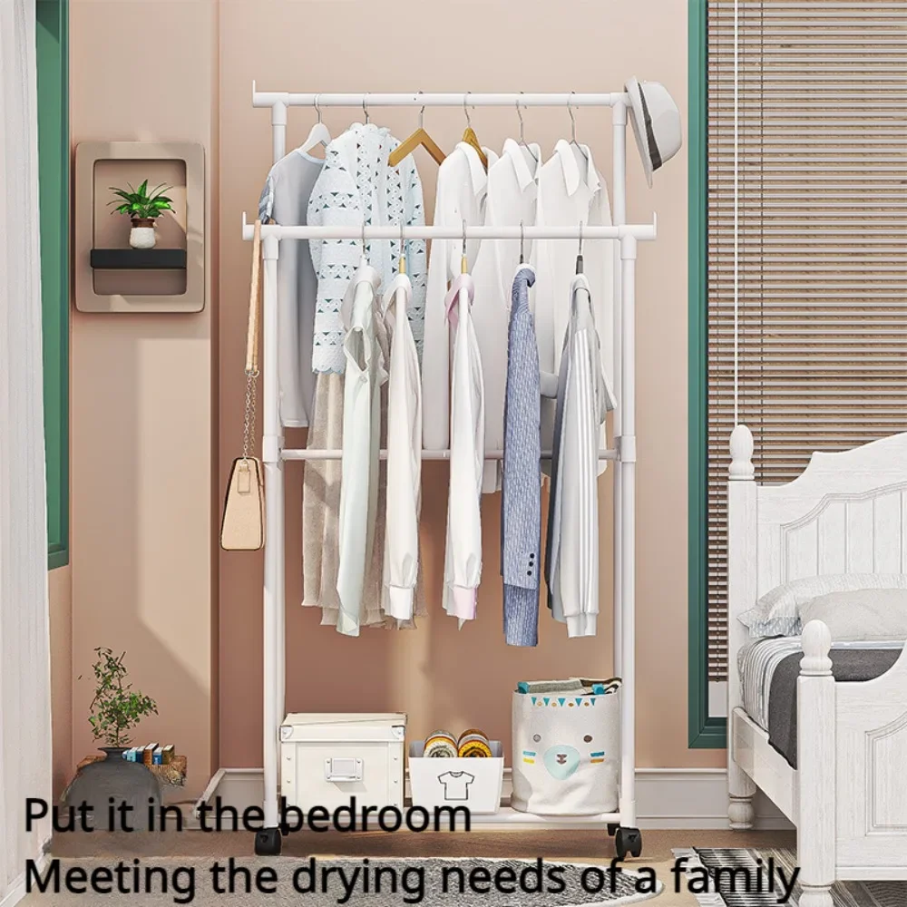Double Rod ราวแขวนเสื้อผ้าชั้นมัลติฟังก์ชั่แบบพกพาแขวนเก็บเสื้อผ้า Rack Movable ห้องนอนชั้นวางล้อ Coat Shelfs