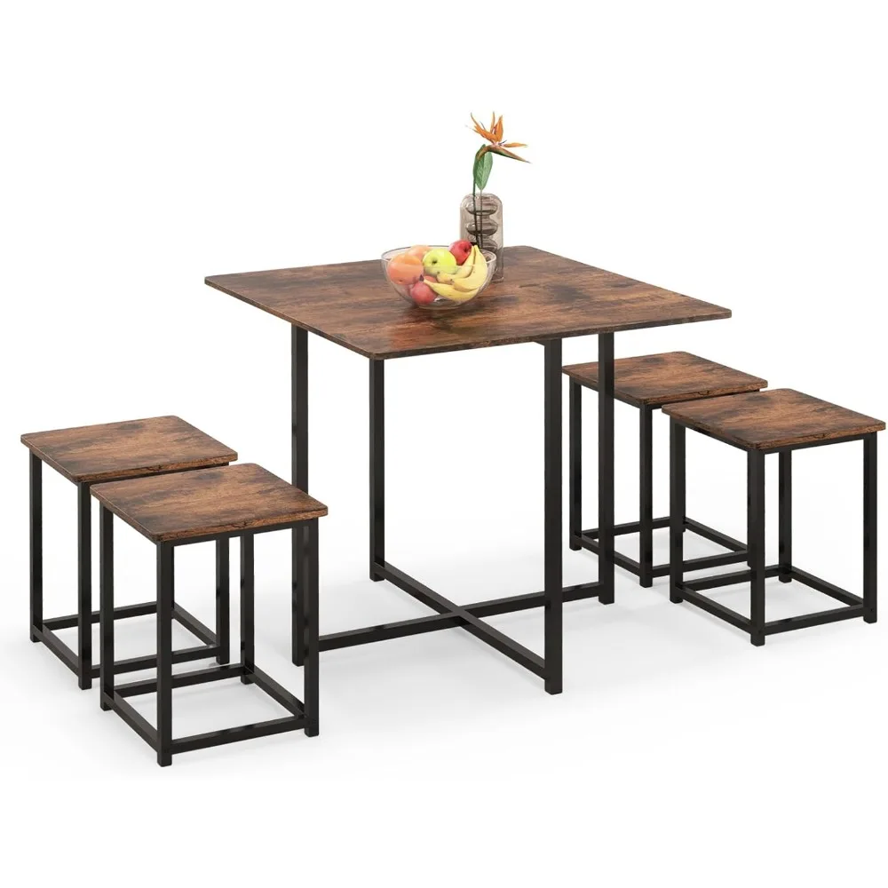 Compact Dining Table Set for 4, Small Kitchen Table Set with Square Stools and Metal Frame, Perfect for Small Spaces