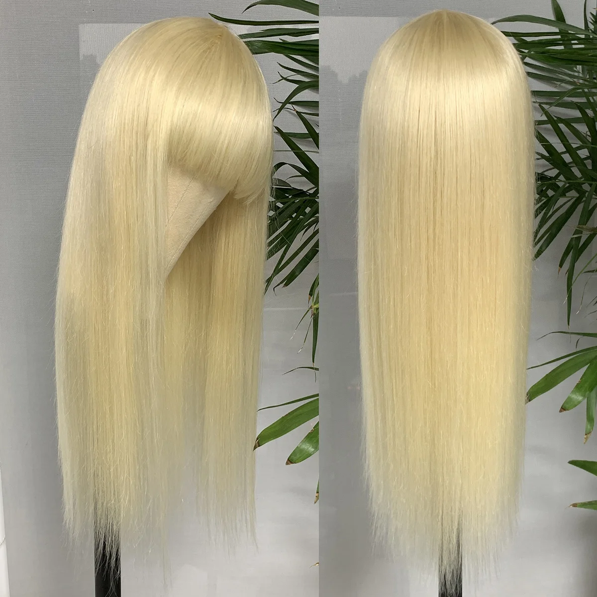 Peruca loira de cabelo humano com franja 613 #   Máquina completa reta perucas de cabelo humano sem cola perucas humanas franja para mulher hairugo