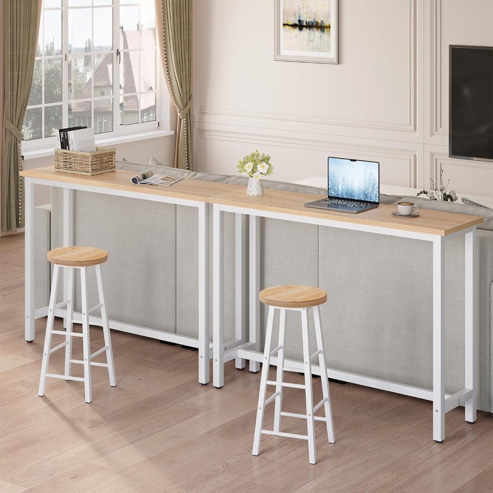 Mesa de bar, mesa de bistró, mesa de comedor, estructura de metal, MDF, 140x40x100 cm, roble + blanco