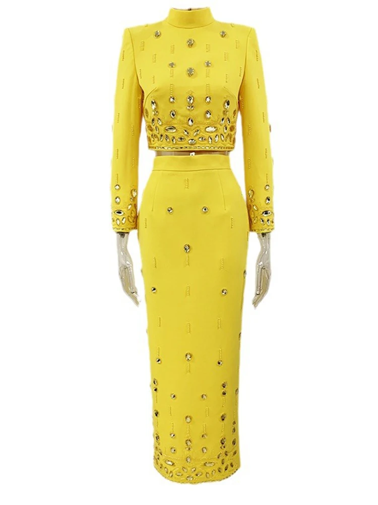HIGH STREET-Conjunto de traje de pasarela de diseñador para mujer, Tops cortos con cremallera en la espalda y cuello levantado, falda larga, 2 uds., novedad de 2024