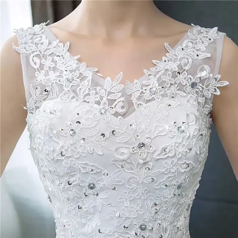 Abiti da sposa Bianco puro Scollo a V Appliques Paillettes Senza maniche Principessa Lunghezza pavimento Abiti da sposa taglie forti De Novia HS288