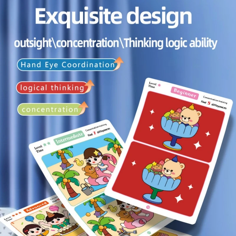 Encuentra diferencias Juego de cartas Rompecabezas educativo de dibujos animados reutilizable para niños Tres niveles de dificultad para entrenamiento de atención de enfoque